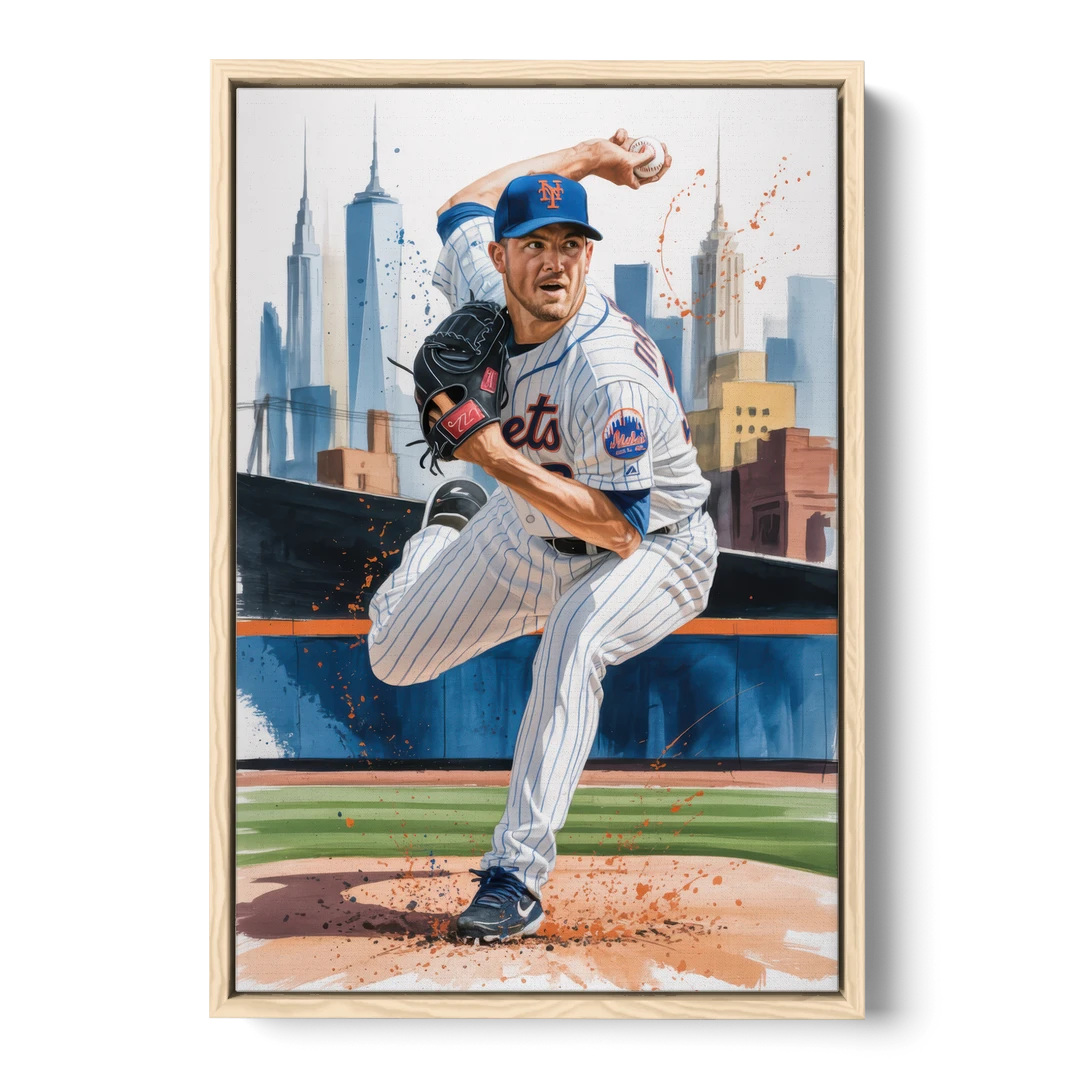 New York Mets Pitcher Windup - Oak Framed Canvas Wall Art - Front