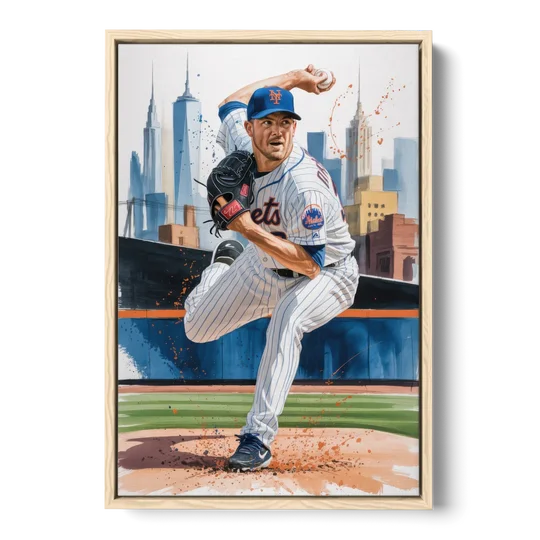 New York Mets Pitcher Windup - Oak Framed Canvas Wall Art - Front