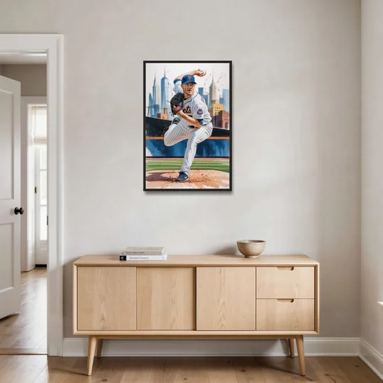 New York Mets Pitcher Windup - Black Framed Canvas Wall Art - Coffee Table - 24x36