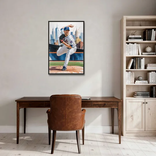 New York Mets Pitcher Windup - Black Framed Canvas Wall Art - Office - 24x36