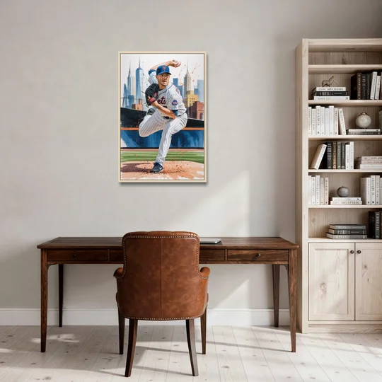 New York Mets Pitcher Windup - Oak Framed Canvas Wall Art - Office - 24x36
