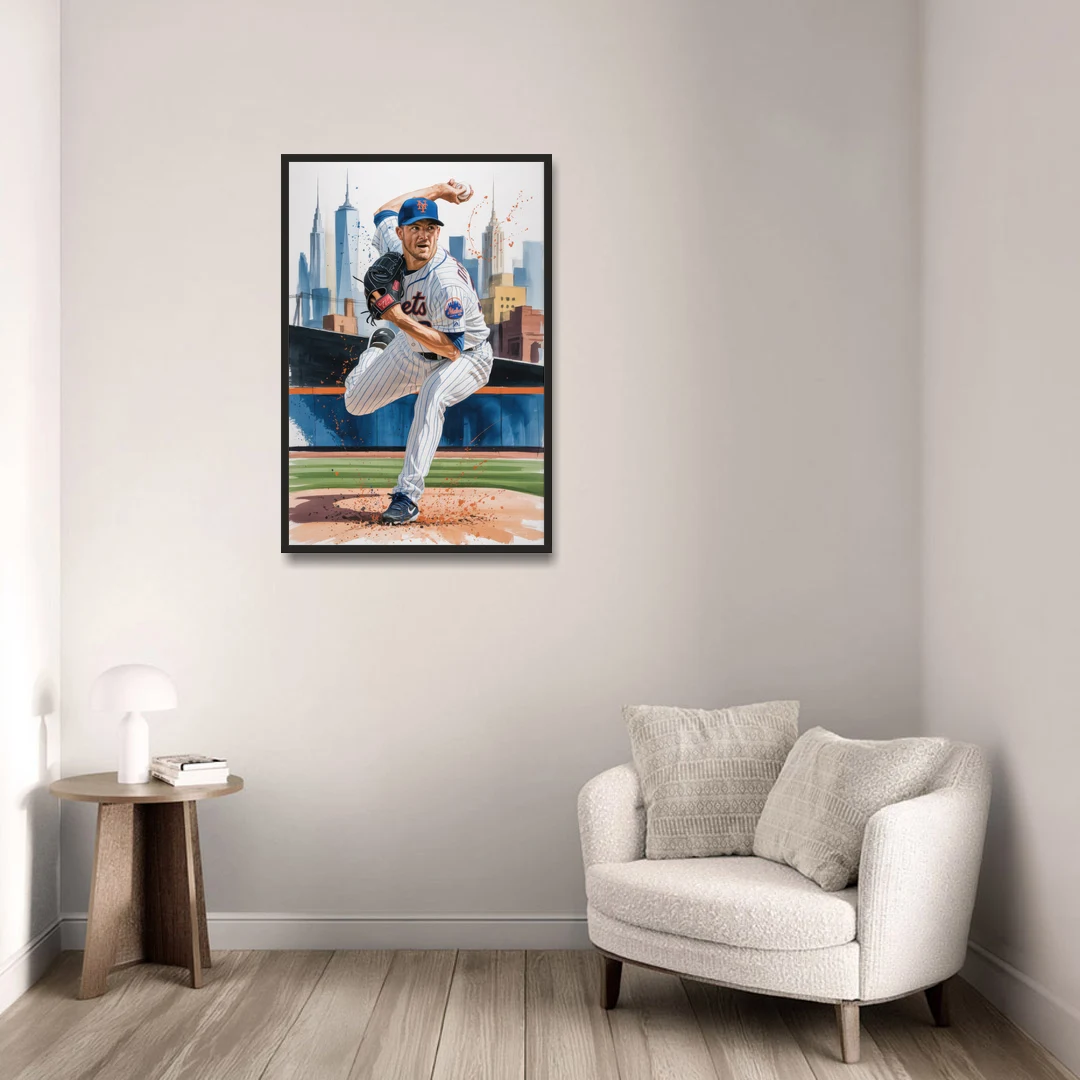 New York Mets Pitcher Windup - Black Framed Canvas Wall Art - Sofa - 24x36