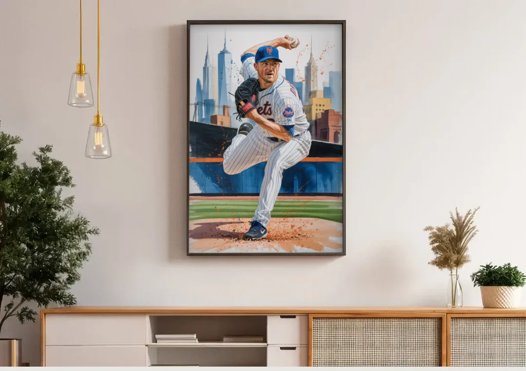 New York Mets Pitcher Windup canvas wall art above a wooden sideboard under pendant lights