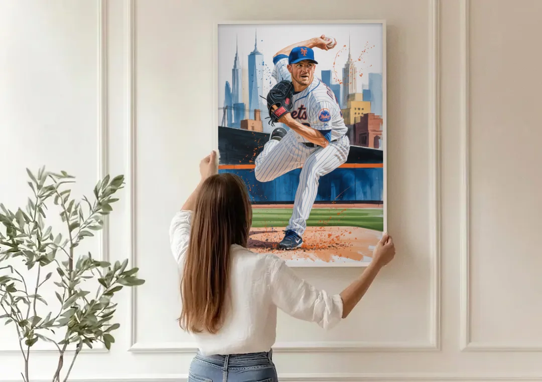 New York Mets Pitcher Windup canvas wall art being hung on a paneled wall