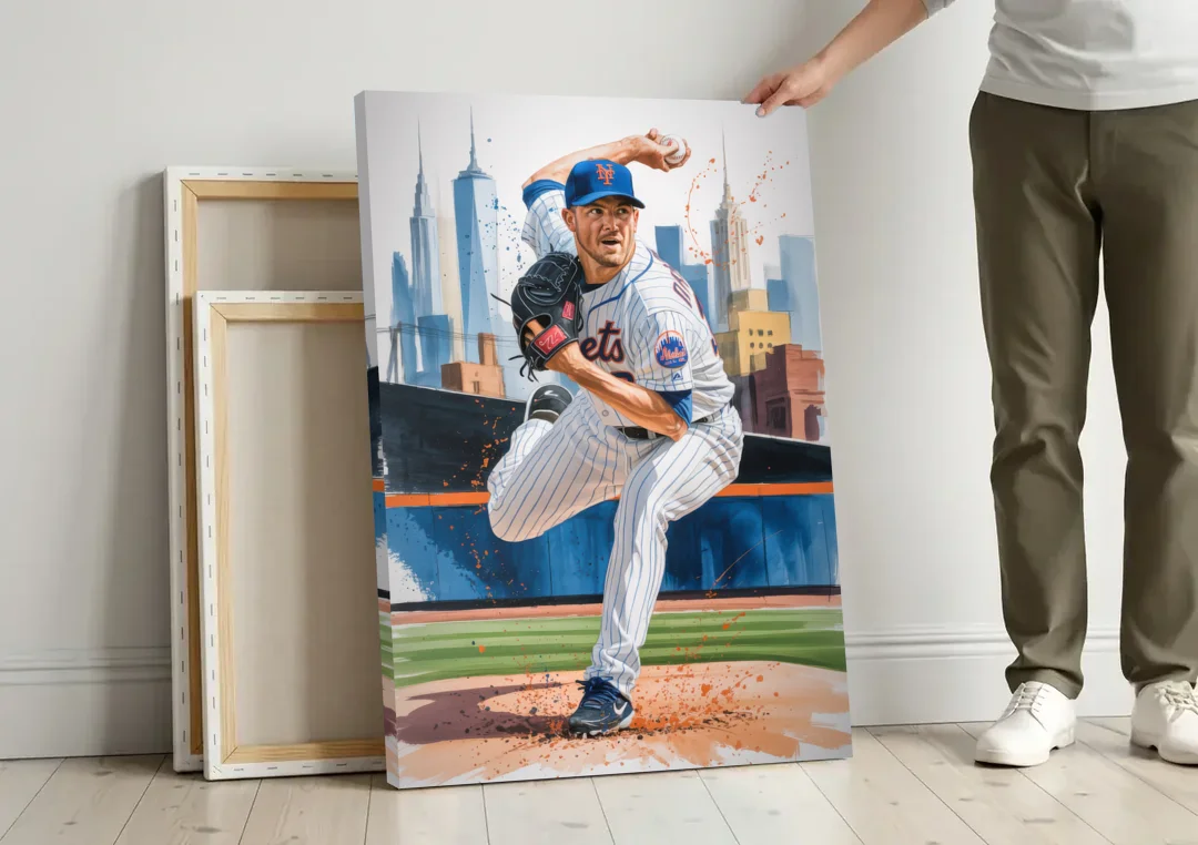 New York Mets Pitcher Windup canvas wall art leaning against a wall next to blank canvases