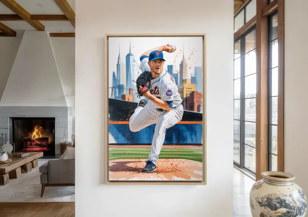 New York Mets Pitcher Windup canvas wall art in a living room with a fireplace