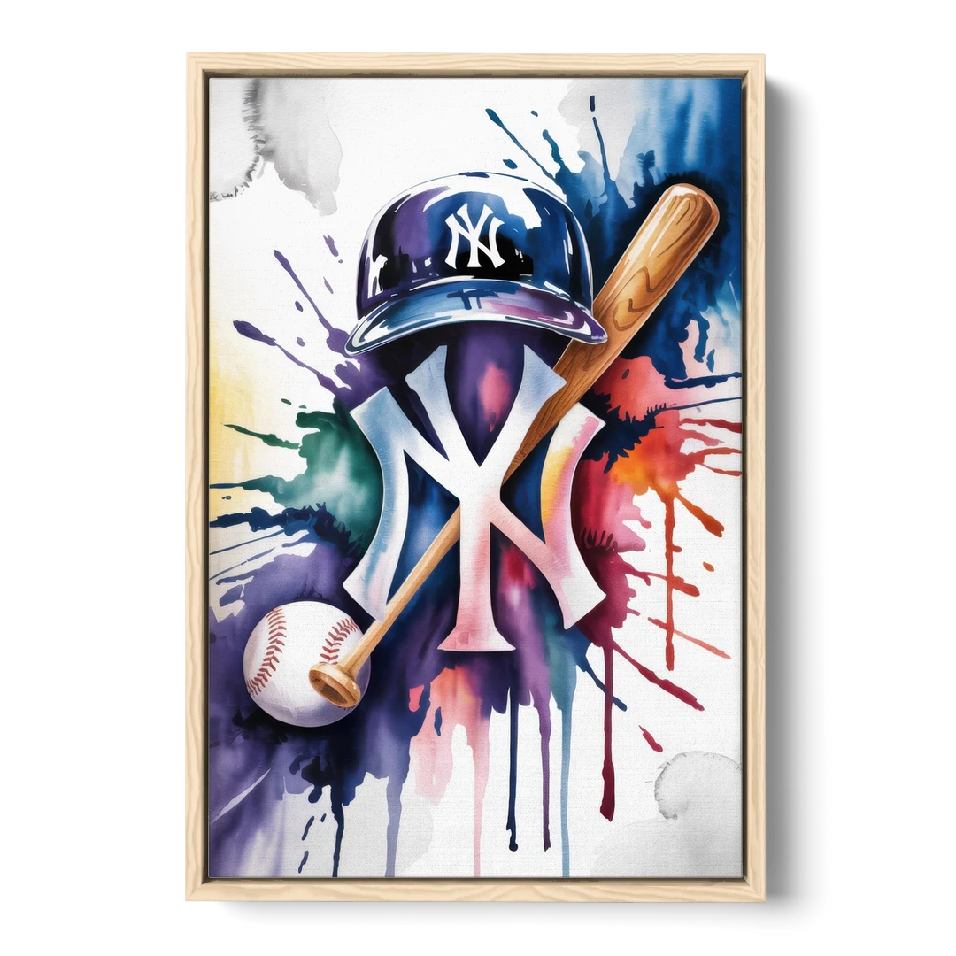 New York Yankees Emblem - Oak Framed Canvas Wall Art - Front