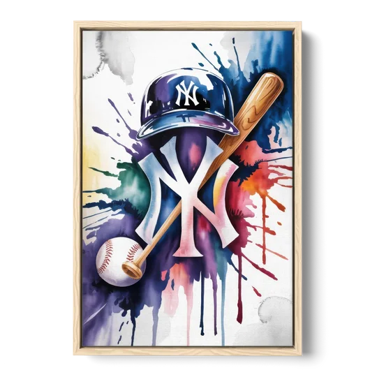 New York Yankees Emblem - Oak Framed Canvas Wall Art - Front