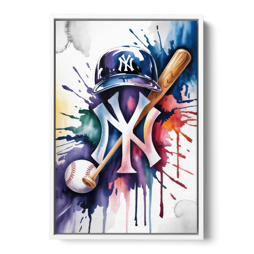New York Yankees Emblem - White Framed Canvas Wall Art - Front