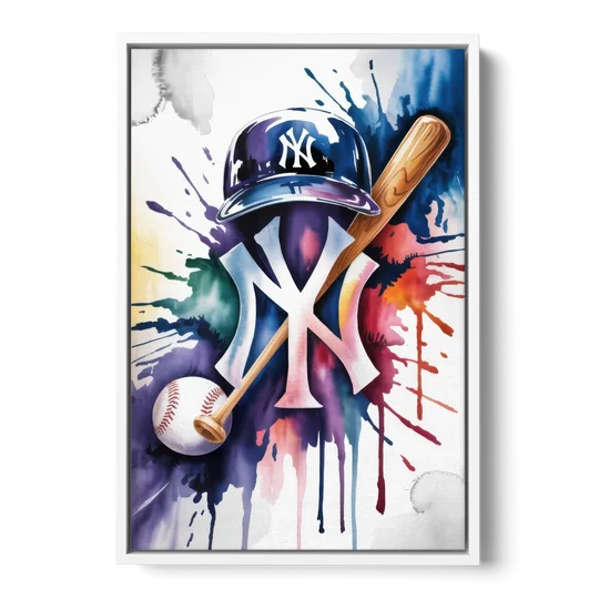 New York Yankees Emblem - White Framed Canvas Wall Art - Front