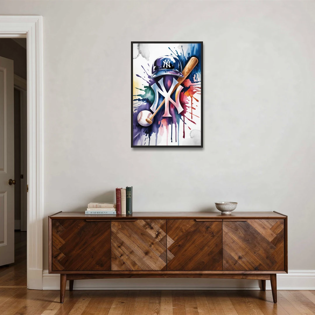 New York Yankees Emblem - Black Framed Canvas Wall Art - Coffee Table - 24x36