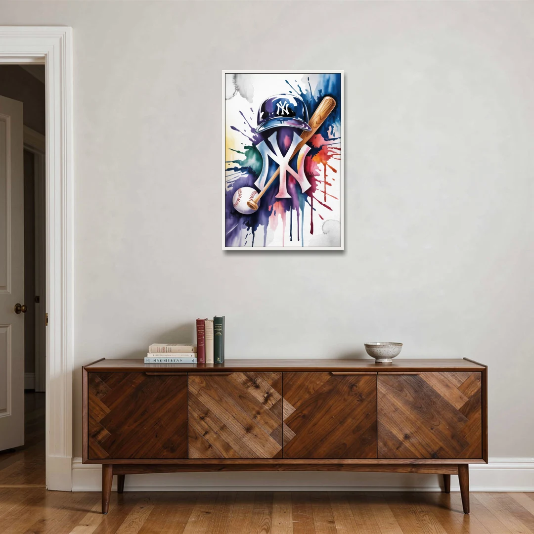 New York Yankees Emblem - White Framed Canvas Wall Art - Coffee Table - 24x36