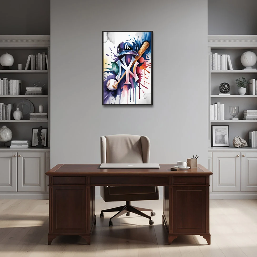 New York Yankees Emblem - Black Framed Canvas Wall Art - Office - 24x36