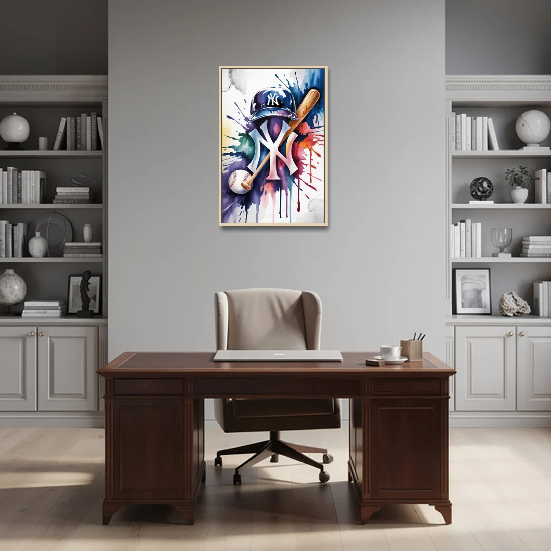 New York Yankees Emblem - Oak Framed Canvas Wall Art - Office - 24x36