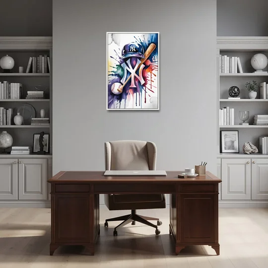 New York Yankees Emblem - White Framed Canvas Wall Art - Office - 24x36