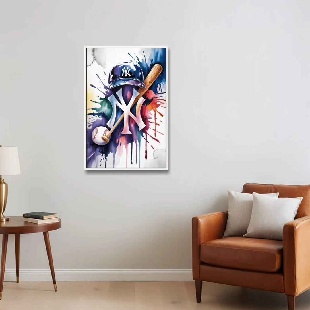 New York Yankees Emblem - White Framed Canvas Wall Art - Sofa - 24x36