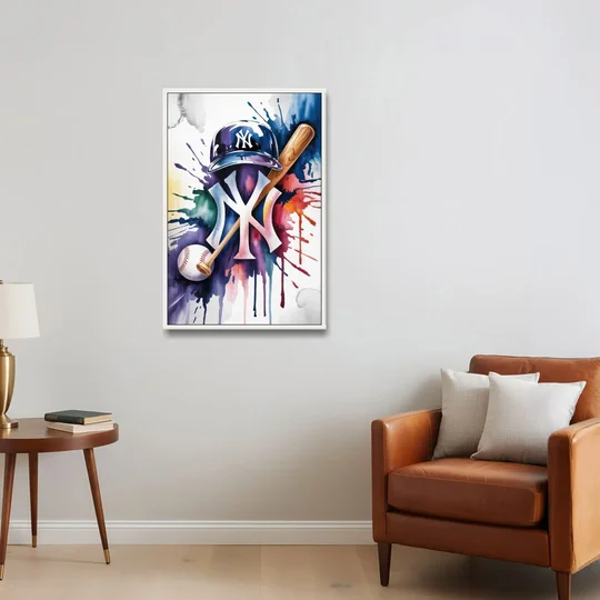 New York Yankees Emblem - White Framed Canvas Wall Art - Sofa - 24x36