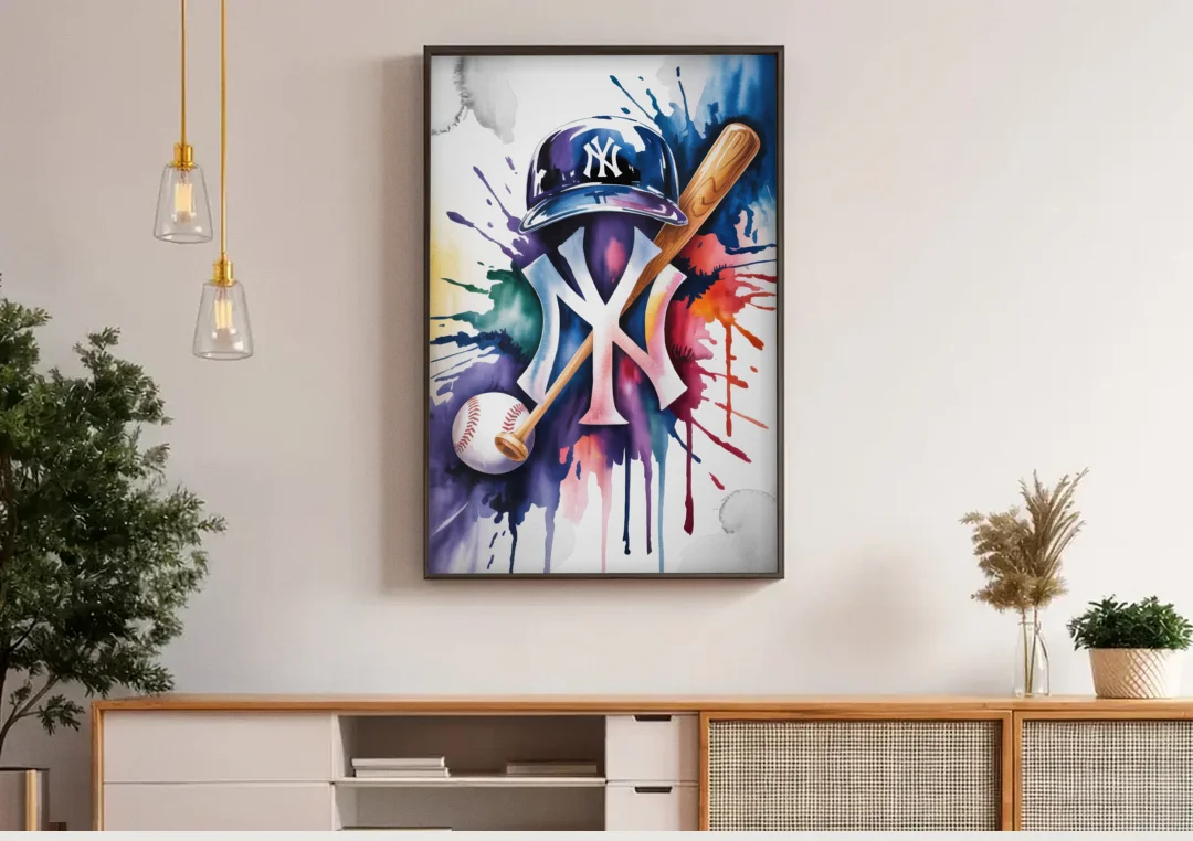 New York Yankees Emblem canvas wall art above a wooden sideboard under pendant lights
