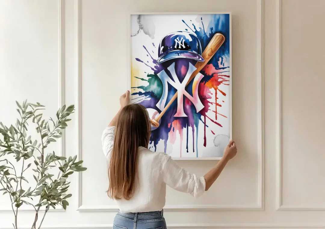 New York Yankees Emblem canvas wall art being hung on a paneled wall