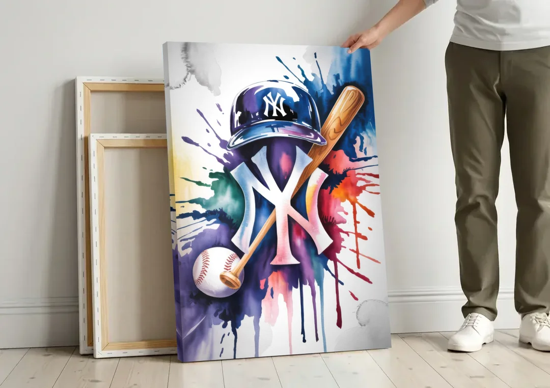 New York Yankees Emblem canvas wall art leaning against a wall next to blank canvases