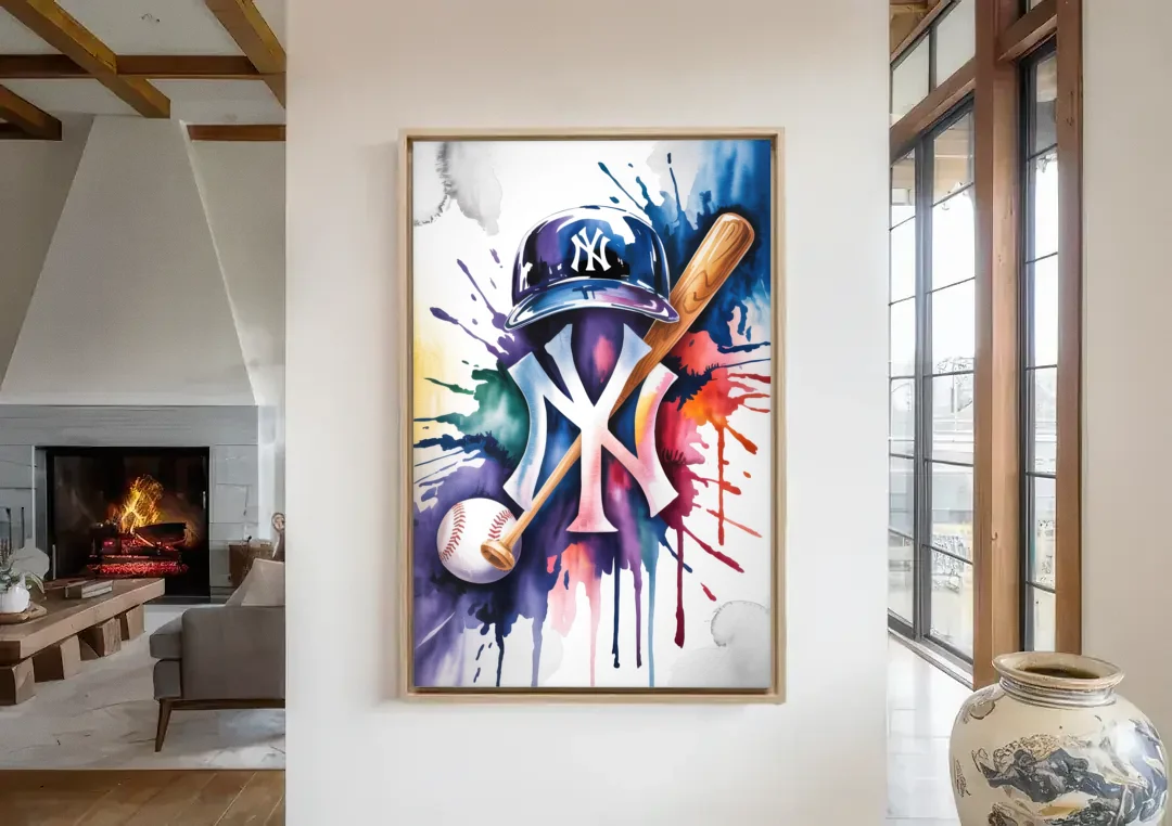 New York Yankees Emblem canvas wall art in a living room with a fireplace