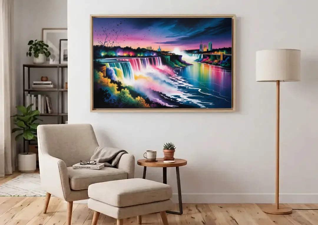 Niagara Falls at Night canvas wall art above an armchair in a bright living room