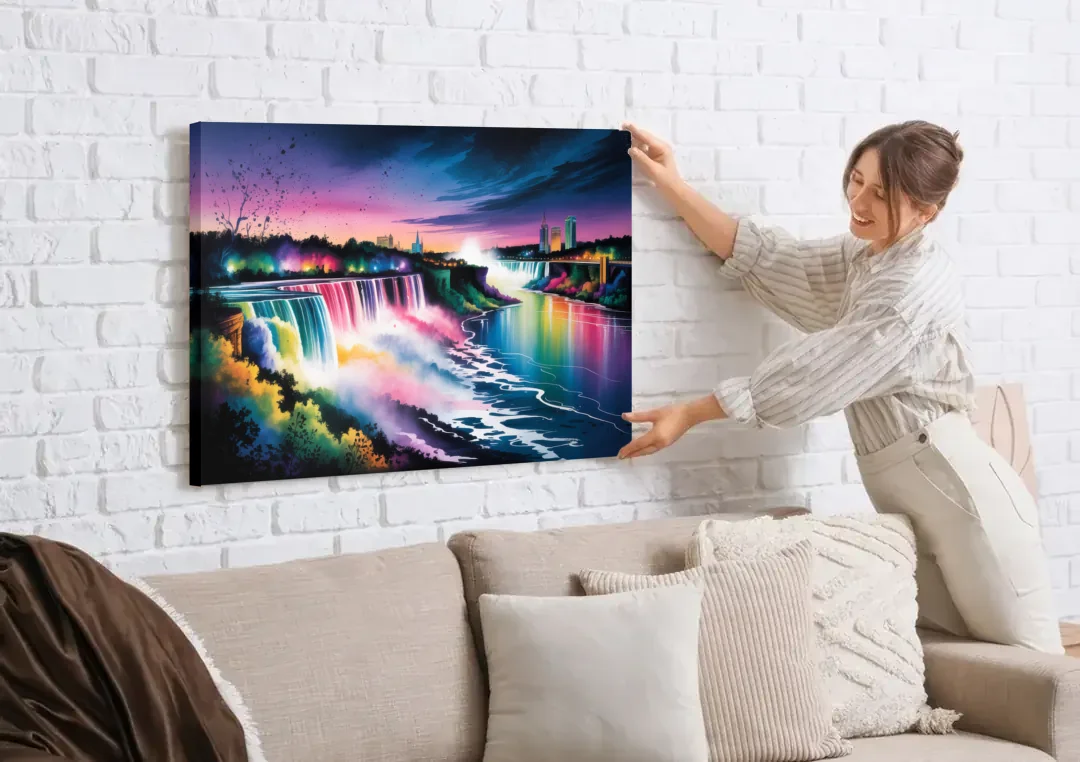 Niagara Falls at Night canvas wall art being hung on a white brick wall above a sofa