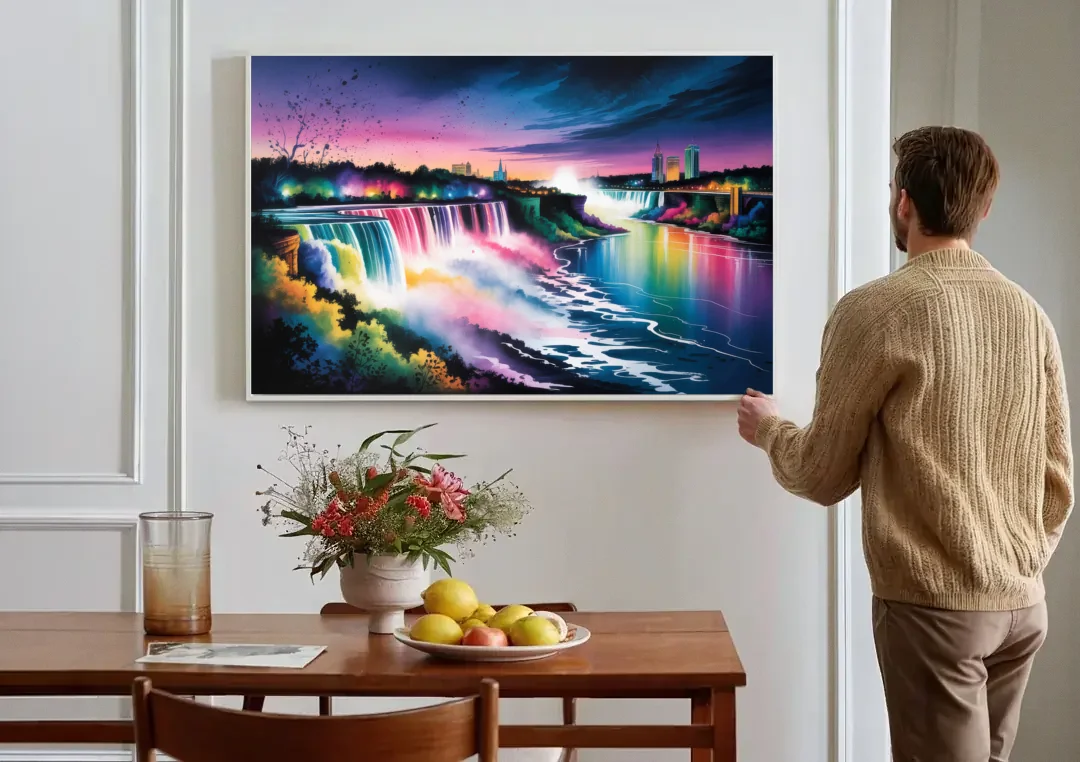 Niagara Falls at Night canvas wall art above a dining table