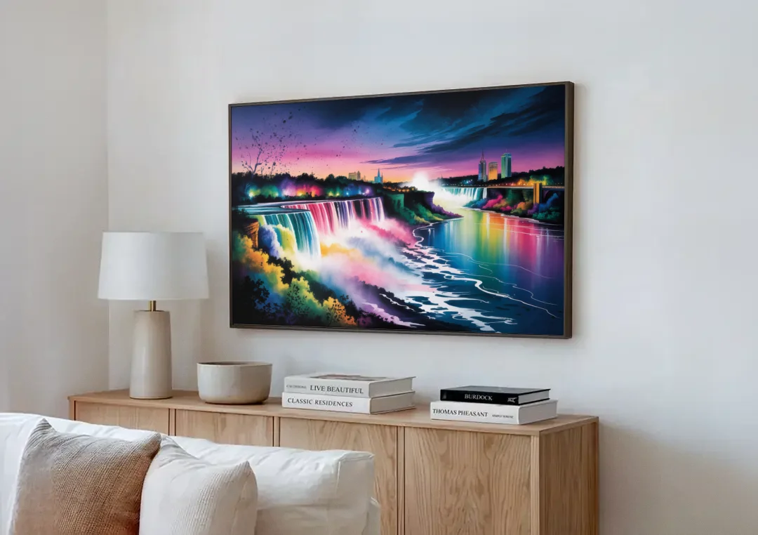 Niagara Falls at Night canvas wall art above a wooden sideboard next to a sofa