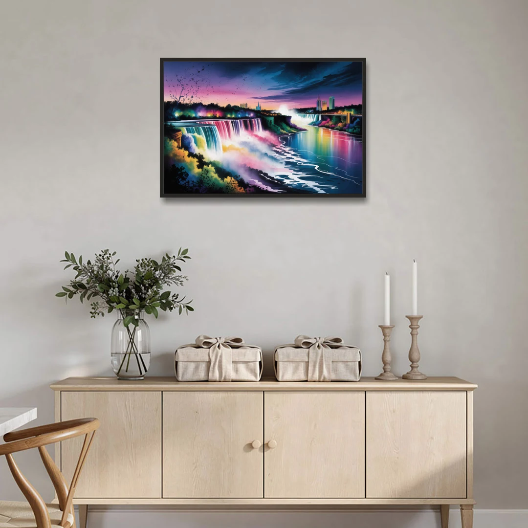 Niagara Falls at Night - Black Framed Canvas Wall Art - Coffee Table - 36x24