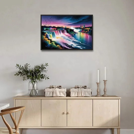 Niagara Falls at Night - Black Framed Canvas Wall Art - Coffee Table - 36x24