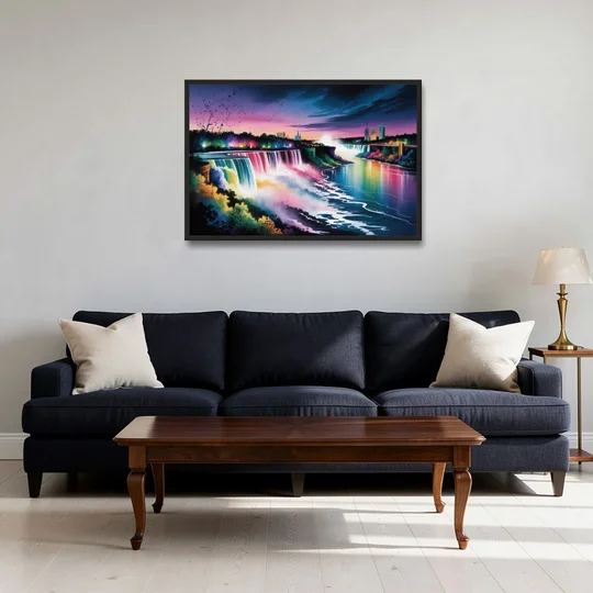 Niagara Falls at Night - Black Framed Canvas Wall Art - Sofa - 36x24