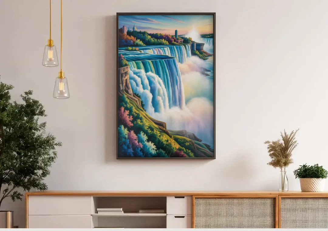 Niagara Falls Color Burst canvas wall art above a wooden sideboard under pendant lights
