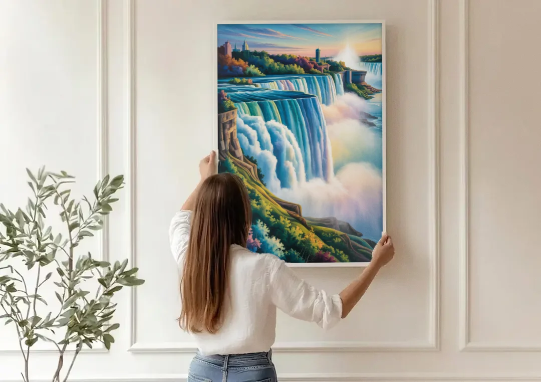 Niagara Falls Color Burst canvas wall art being hung on a paneled wall