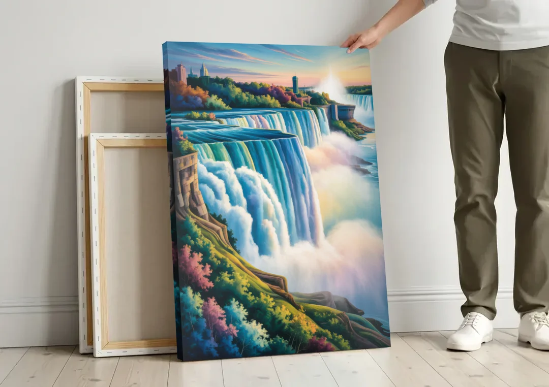 Niagara Falls Color Burst canvas wall art leaning against a wall next to blank canvases
