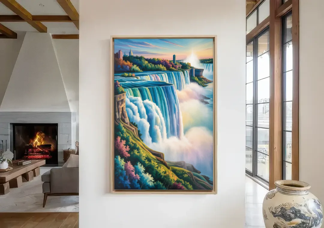 Niagara Falls Color Burst canvas wall art in a living room with a fireplace