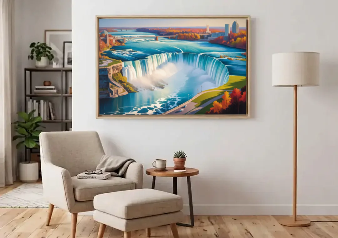 Niagara Falls from Above canvas wall art above an armchair in a bright living room