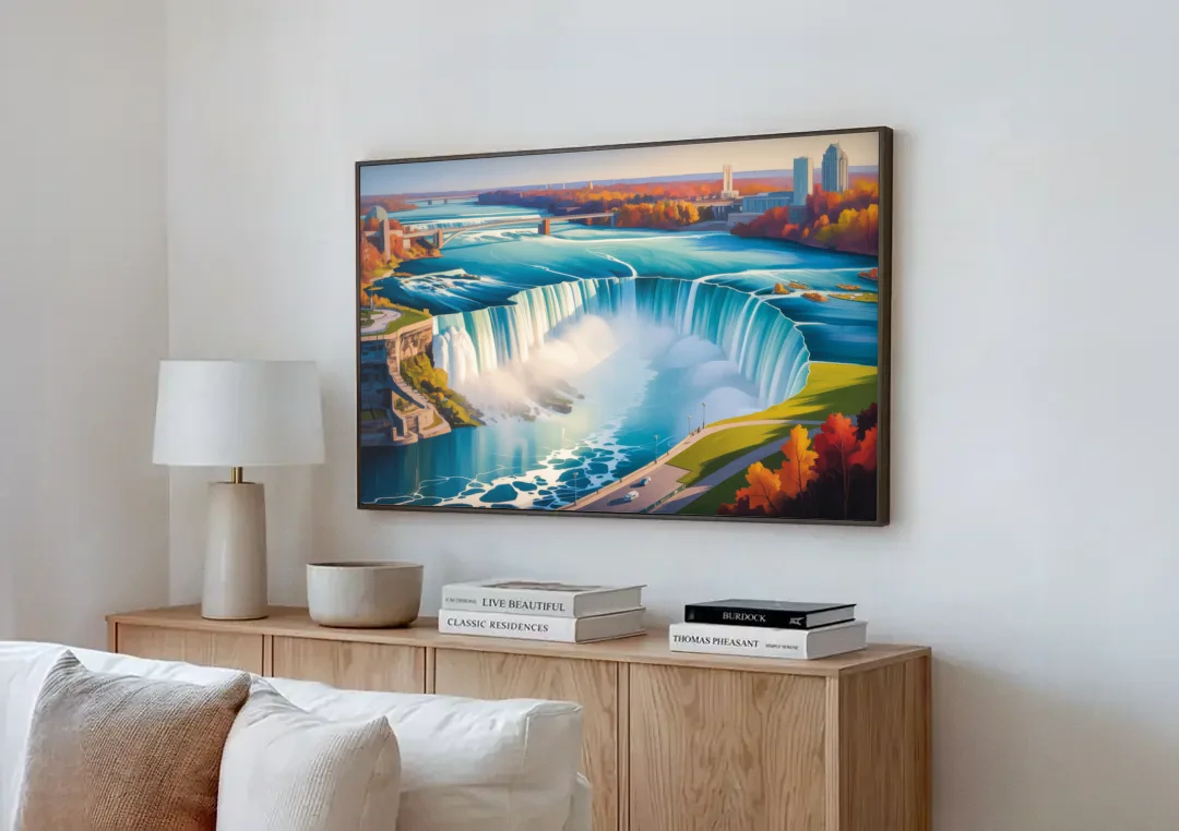 Niagara Falls from Above canvas wall art above a wooden sideboard next to a sofa