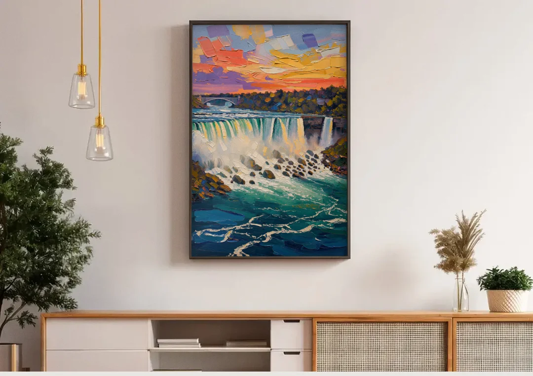 Niagara Falls Summer View canvas wall art above a wooden sideboard under pendant lights
