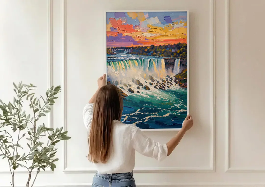 Niagara Falls Summer View canvas wall art being hung on a paneled wall