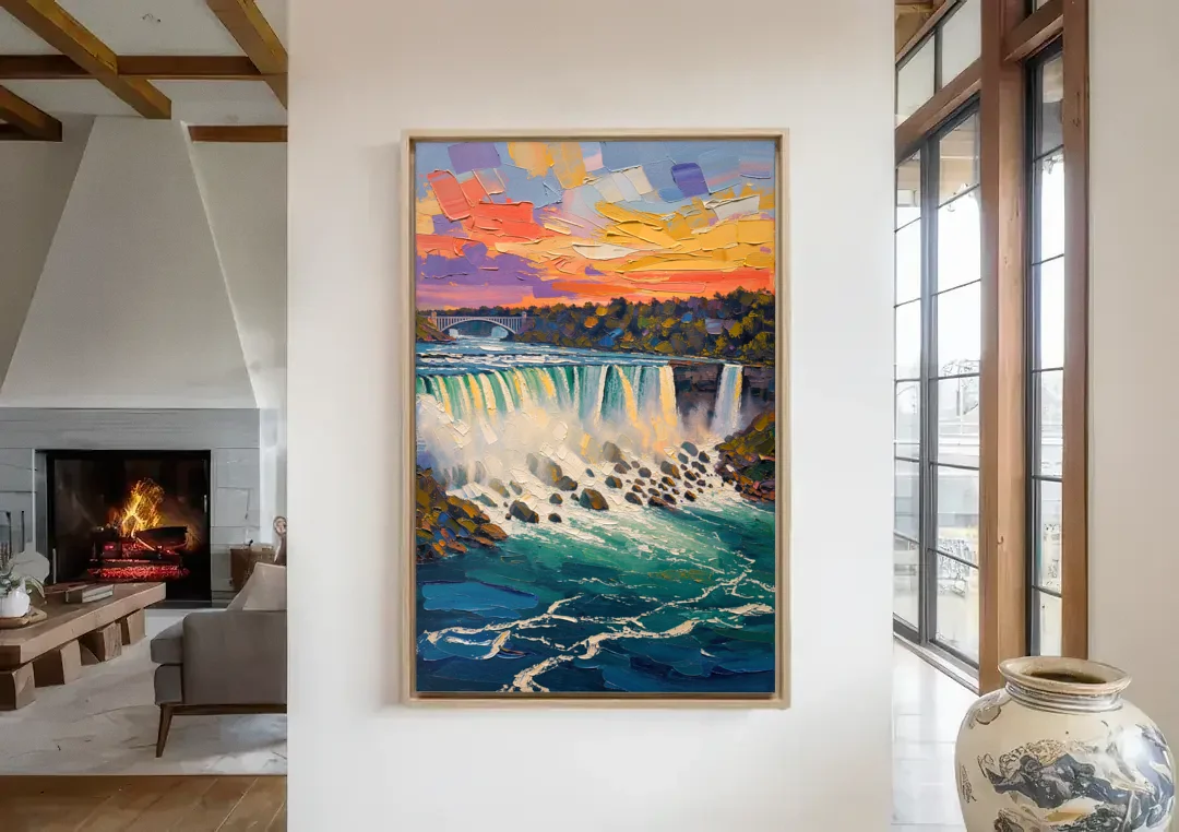Niagara Falls Summer View canvas wall art in a living room with a fireplace