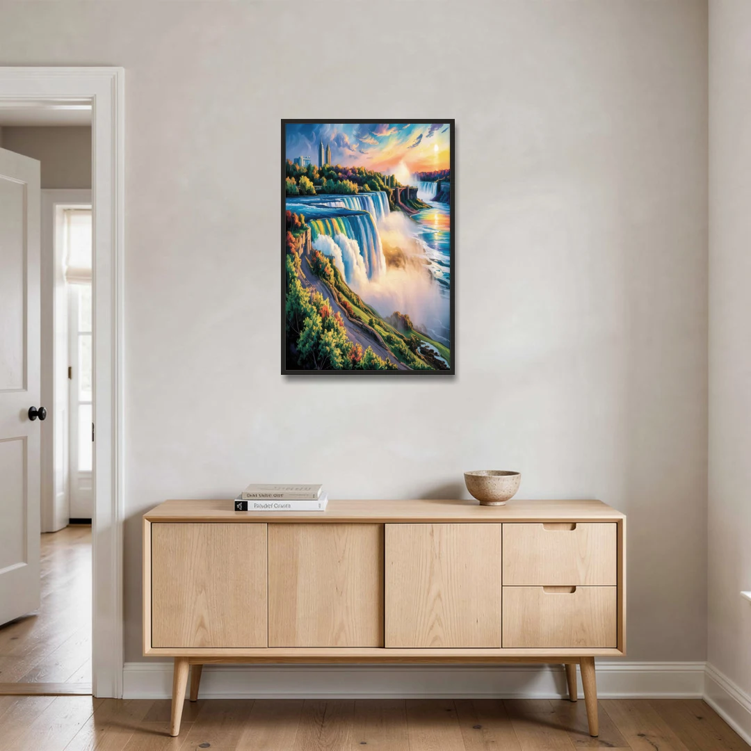 Niagara Falls Tourist View - Black Framed Canvas Wall Art - Coffee Table - 24x36