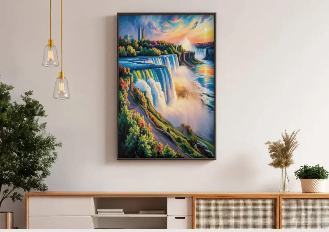 Niagara Falls Tourist View canvas wall art above a wooden sideboard under pendant lights