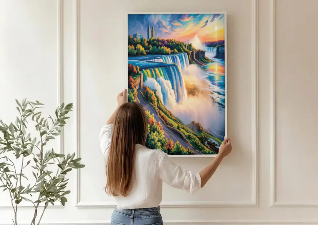 Niagara Falls Tourist View canvas wall art being hung on a paneled wall