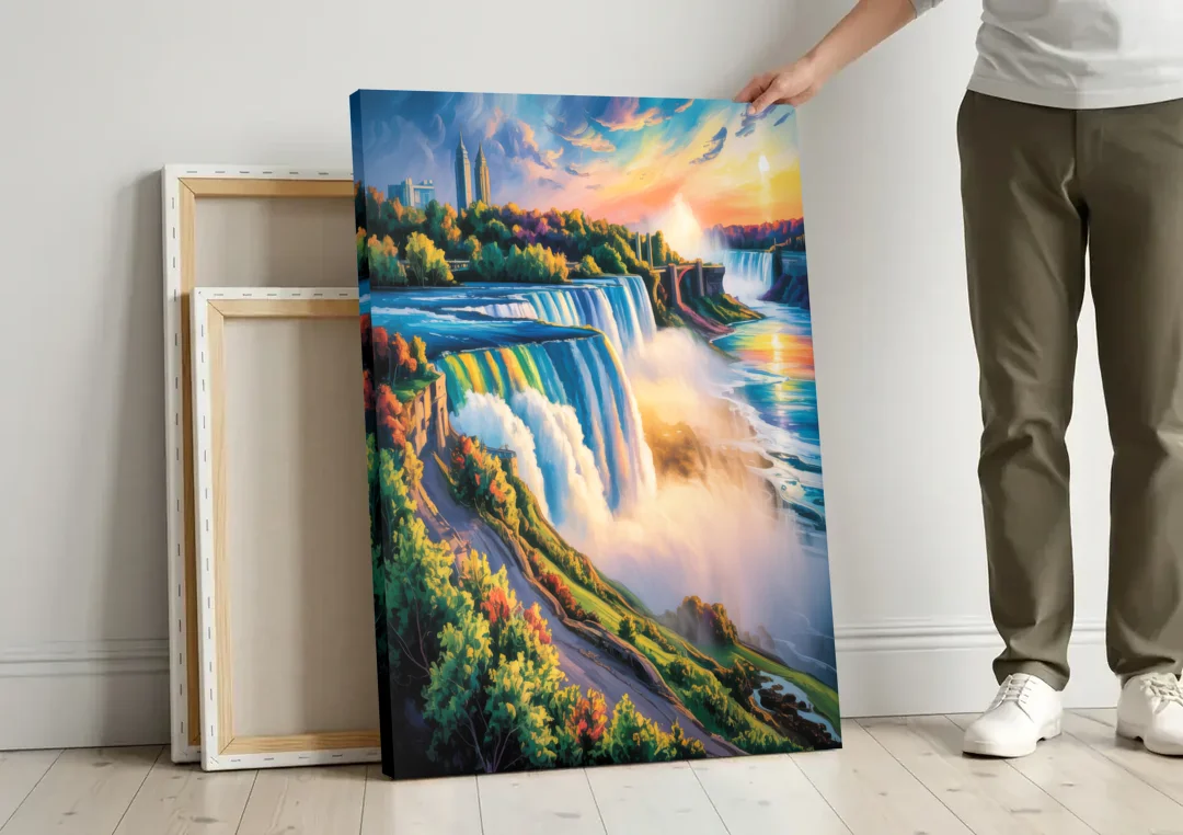 Niagara Falls Tourist View canvas wall art leaning against a wall next to blank canvases