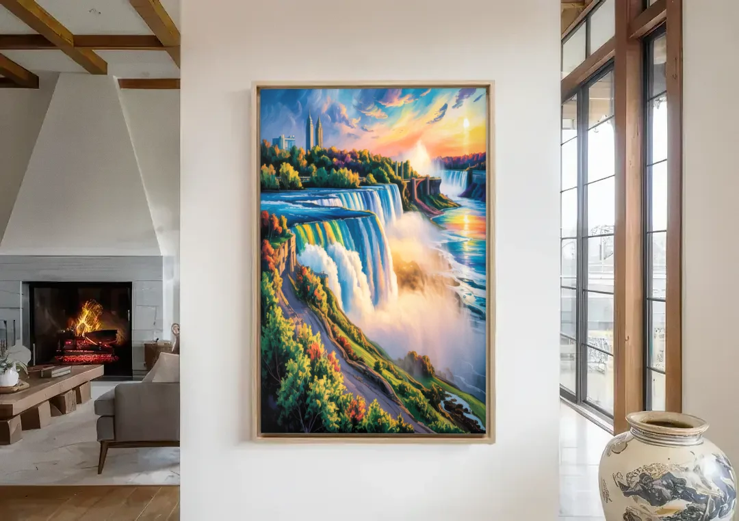 Niagara Falls Tourist View canvas wall art in a living room with a fireplace