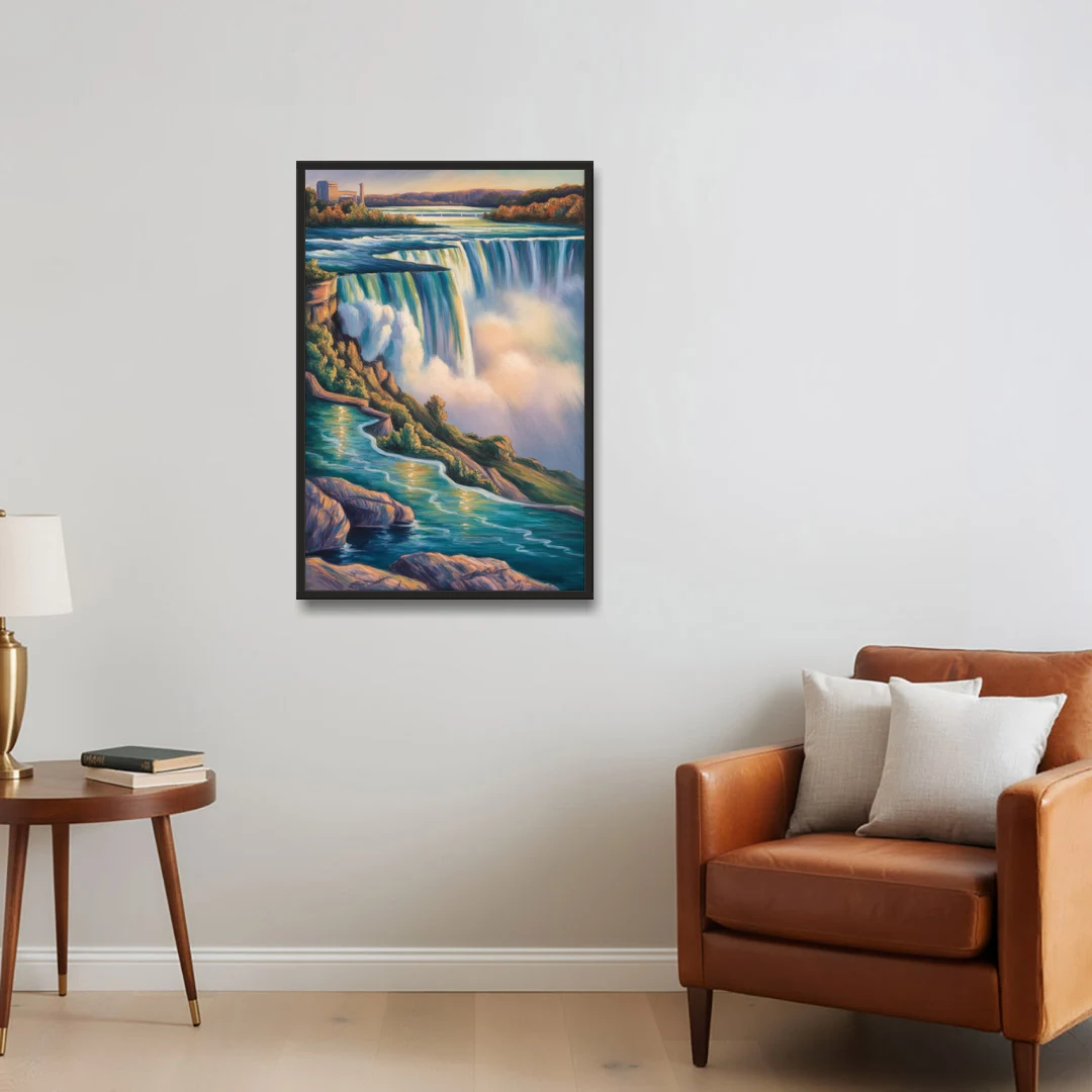 Niagara Falls Water Mist - Black Framed Canvas Wall Art - Sofa - 24x36