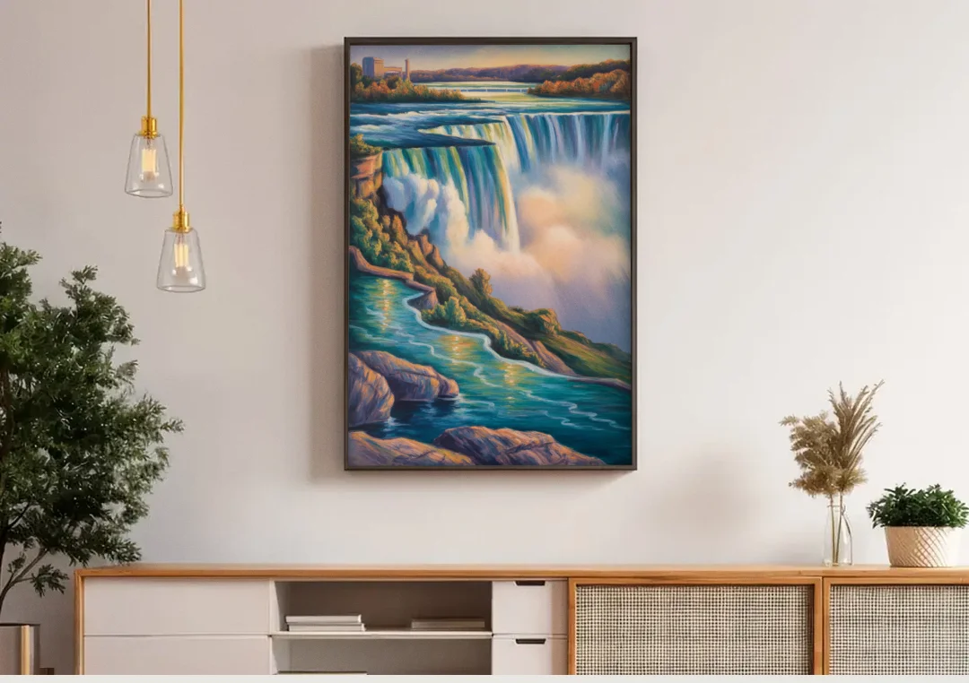 Niagara Falls Water Mist canvas wall art above a wooden sideboard under pendant lights