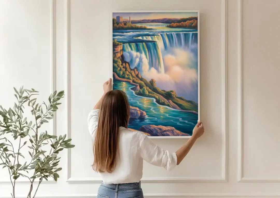 Niagara Falls Water Mist canvas wall art being hung on a paneled wall