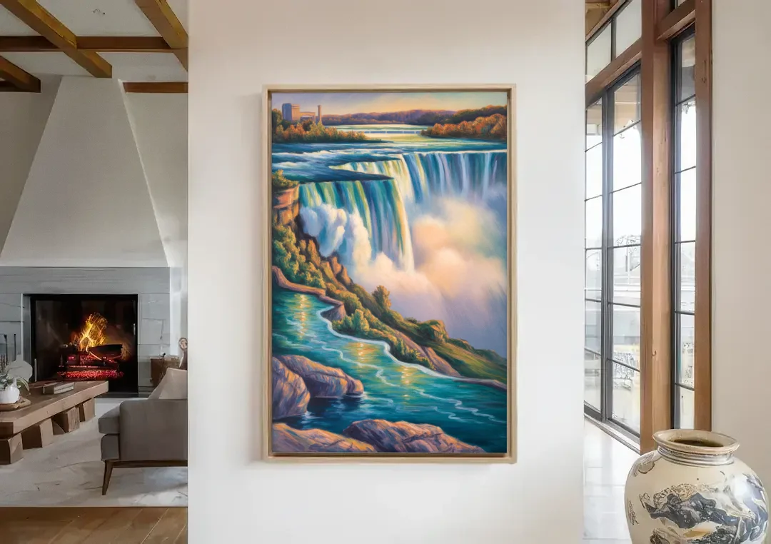 Niagara Falls Water Mist canvas wall art in a living room with a fireplace